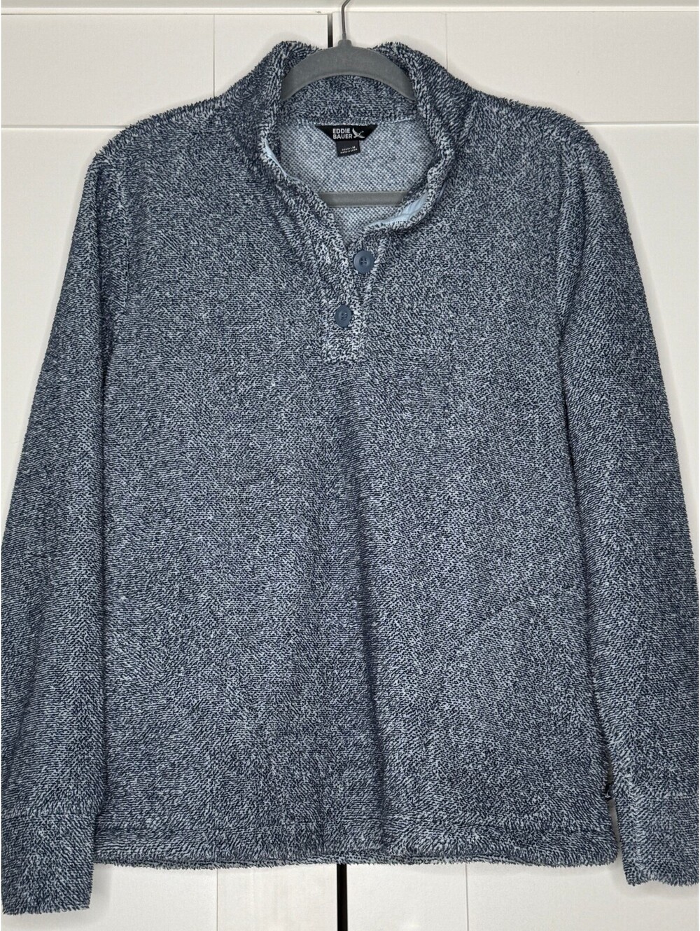 Eddie Bauer Women's Medium Blue Marled Fleece Button-Neck Pullover